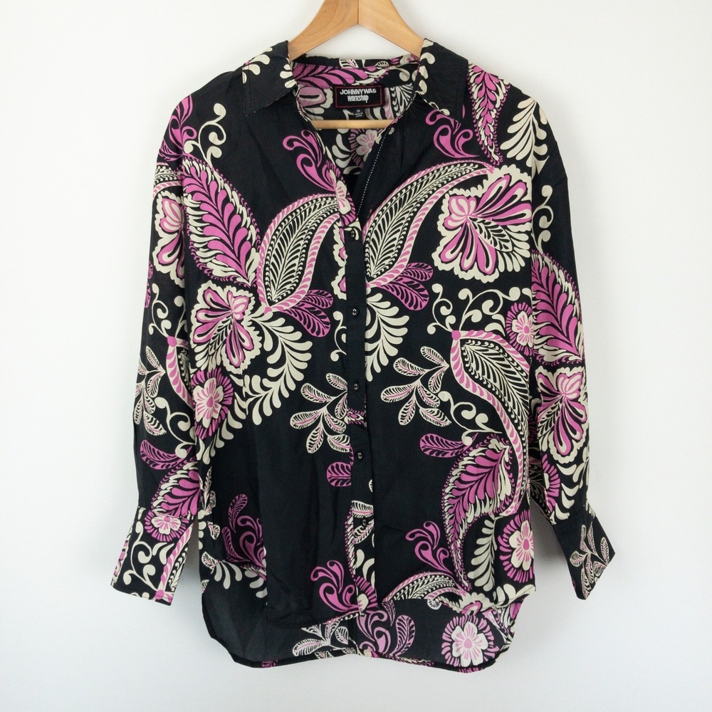 Johnny Was Workshop 100% Silk Top Womens XS Black Dark Floral Melaney Relaxed